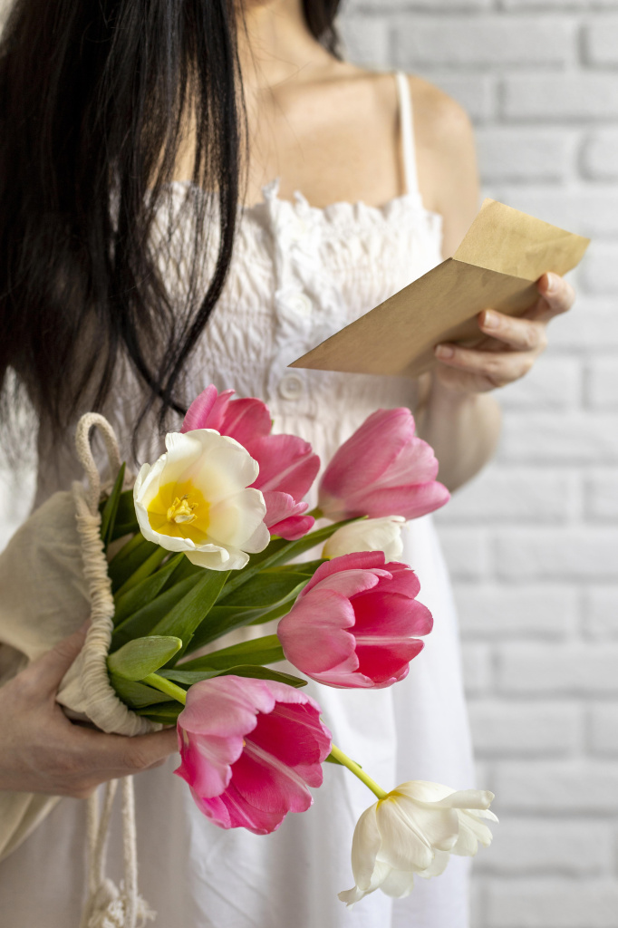 Девушка держит в руках букет тюльпанов и конверт