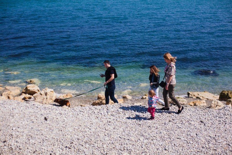 люди гуляют по берегу