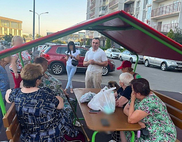 люди сидят в беседке с Коломейцевым