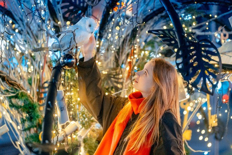 Девушка гладит полярную сову