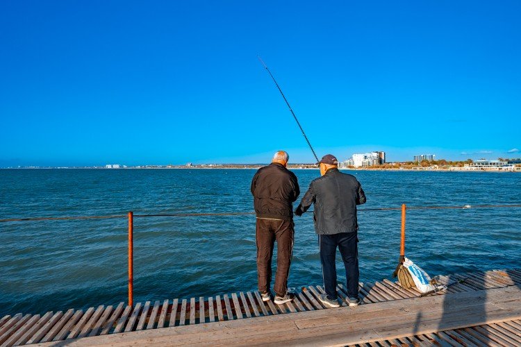 рыбаки стоят с удочкой.