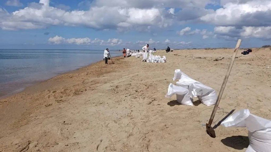 Уборка песка с нефтепродуктами на пляже в Витязево