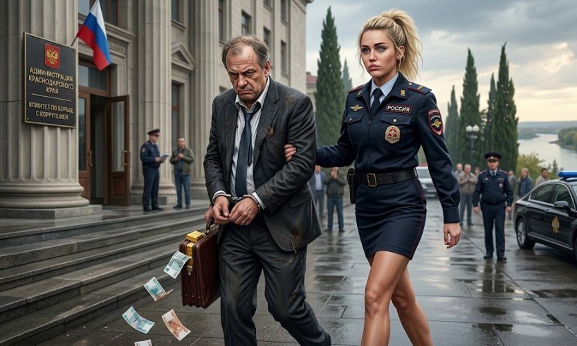 Красивая и сексуальная девушка-полицейский ведёт под руку арестованного проворовавшегося чиновника