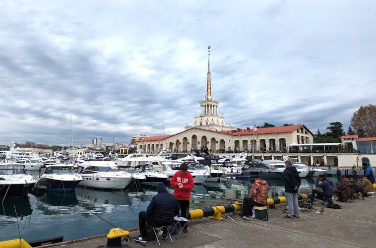 люди ловят рыбу в порту Сочи