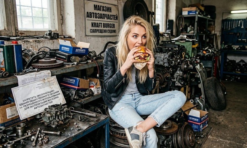 Девушка ест бургер среди автозапчастей