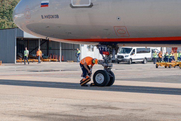 работник стоит около самолета