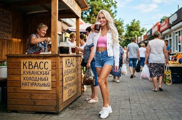 Девушка пьет кубанский квас