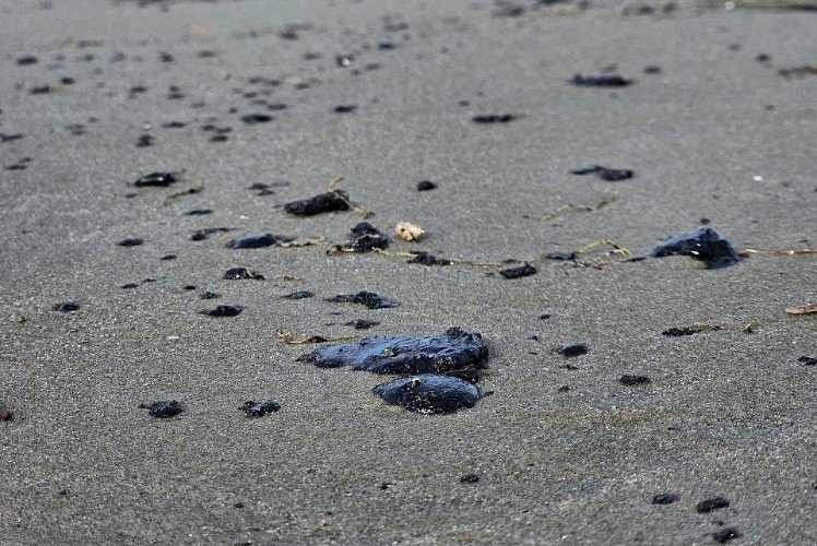 лужа мазута лежи на песке