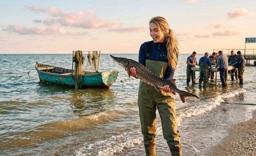 Девушка с осетром на берегу Азовского моря