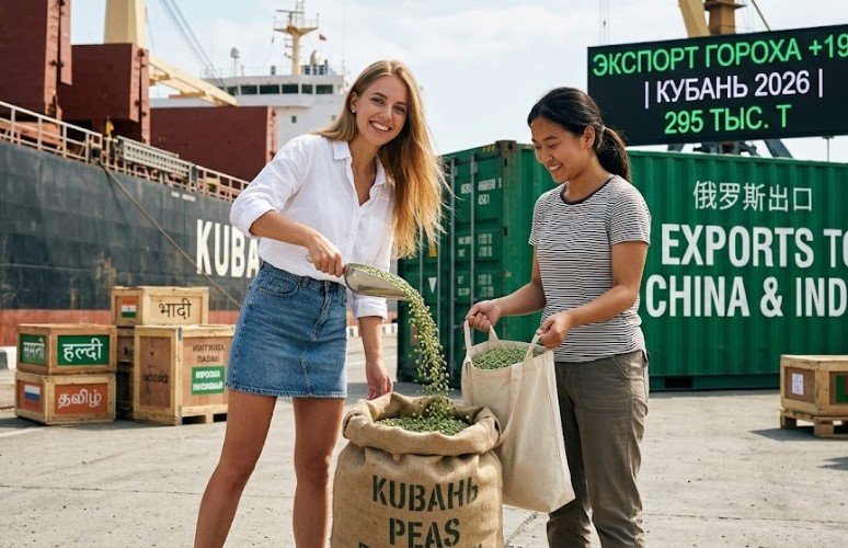 Кубанская девушка щедро отсыпает кубанского гороха клиенту из Азии