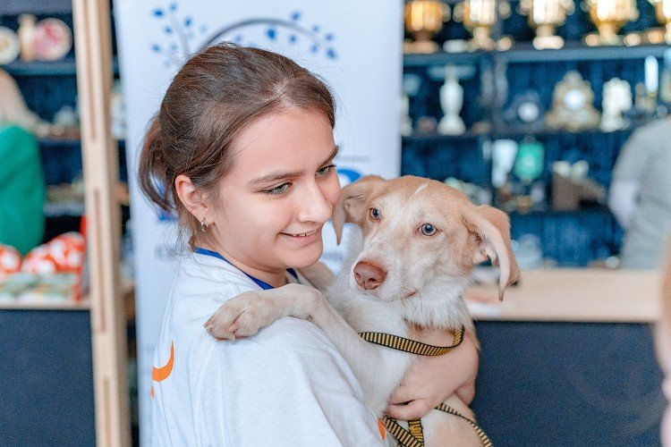 девочка держит собаку