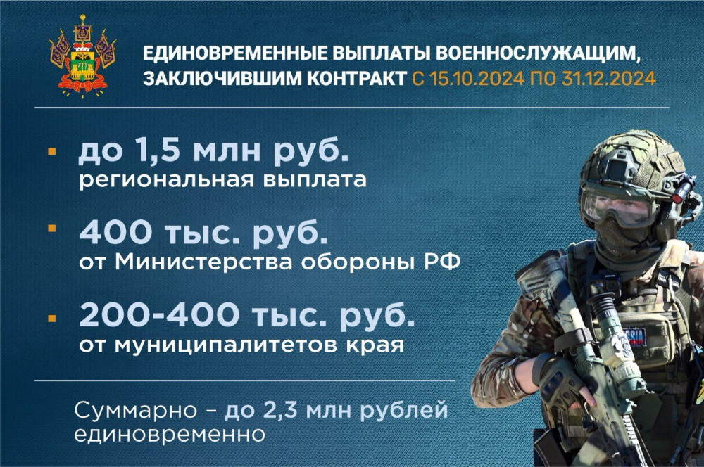 На Кубани за контракт с Минобороны России будут выплачивать 1,5 млн рублей  