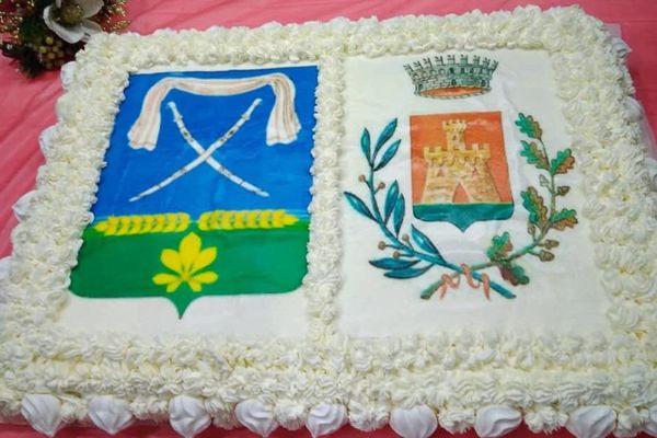 Праздничный торт с гербом станицы Новопокровской и города Каманья-Монфератто