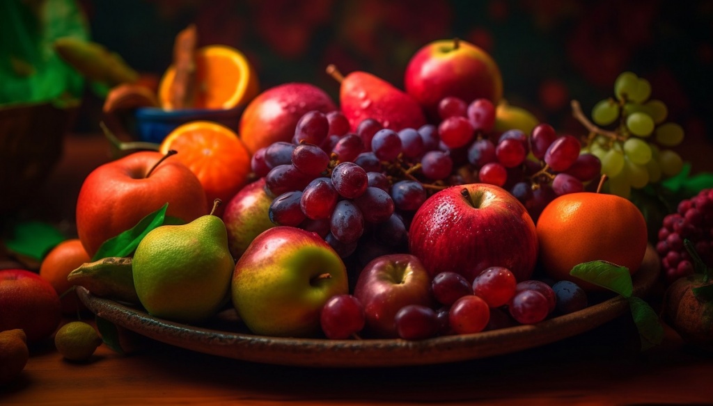 Корзина с фруктами стоит на столе 