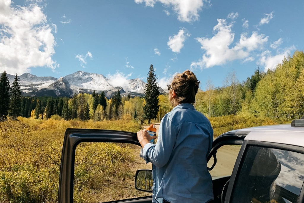 female-standing-near-the-car-enjoying-the-view-with-trees-and-snowy-mountains-in-the-distance.jpg