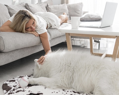 Женщина лежит на диване и гладит лежащую на коврике собаку
