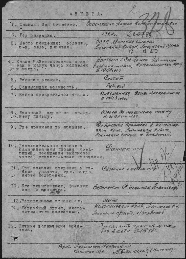 Выписка с электронного архива. Воронкевич А.К. Выписка с электронного архива. Воронкевич А.К.