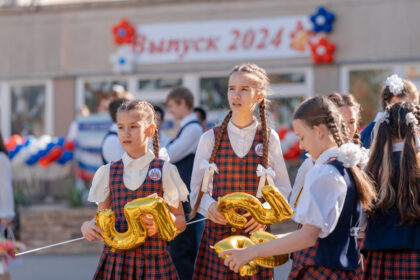 школьницы держат в руках шары